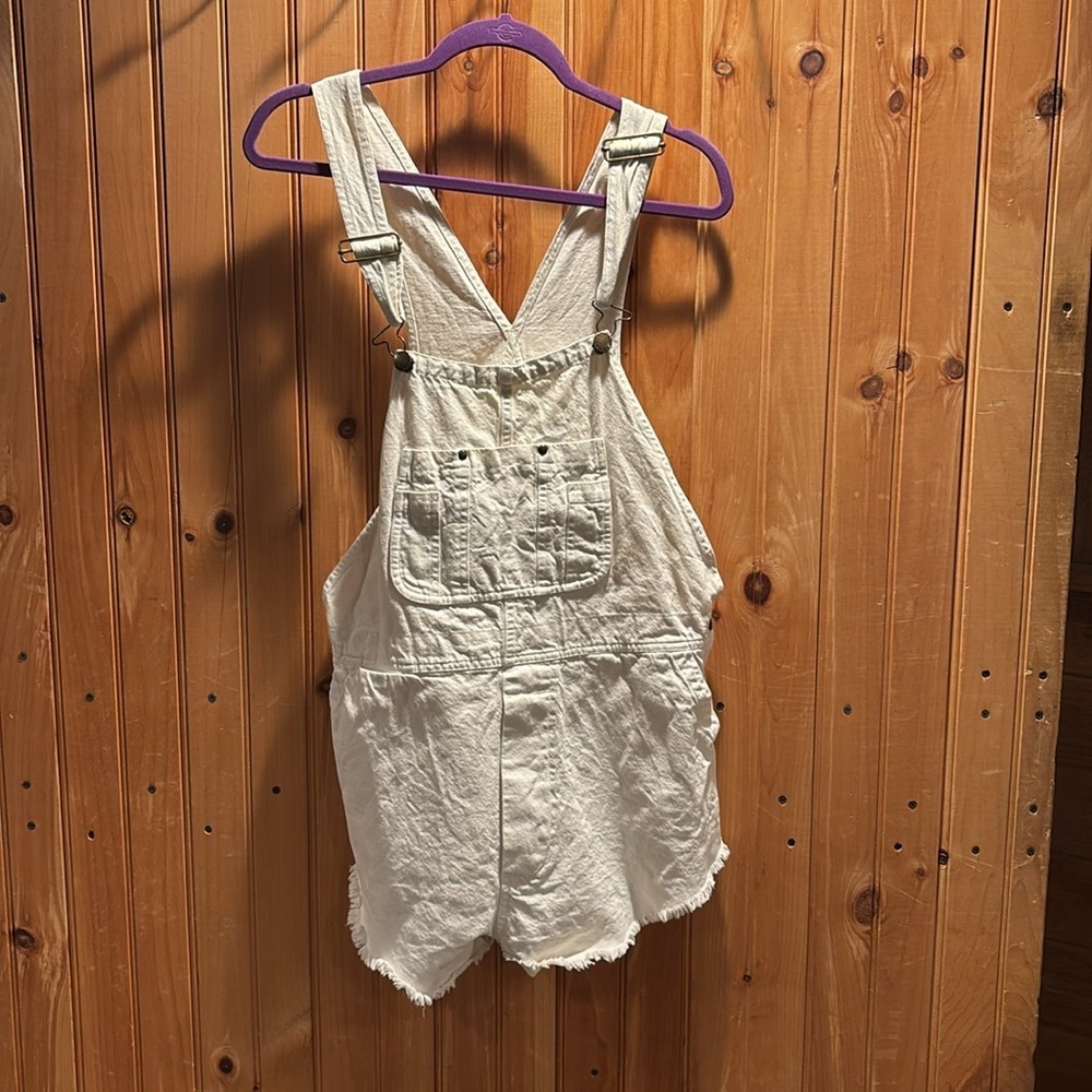 THE GREAT. Cream Denim Short Overalls Romper